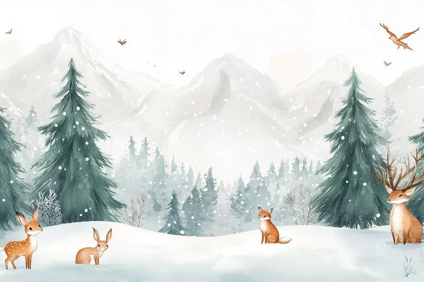 Papier peint enfant animaux forêt enchantée d'hiver