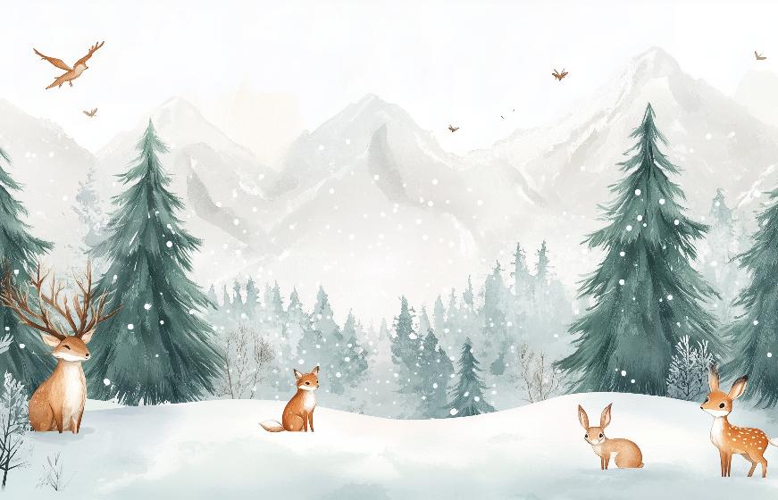 Papier peint enfant animaux forêt enchantée d'hiver