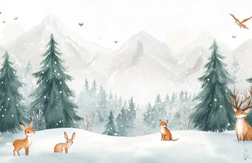 Papier peint enfant animaux forêt enchantée d'hiver