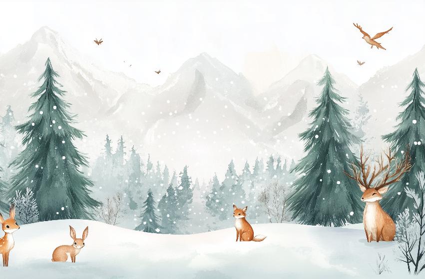 Papier peint enfant animaux forêt enchantée d'hiver