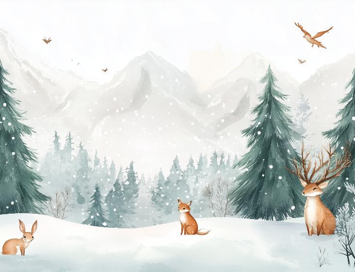 Papier peint enfant animaux forêt enchantée d'hiver