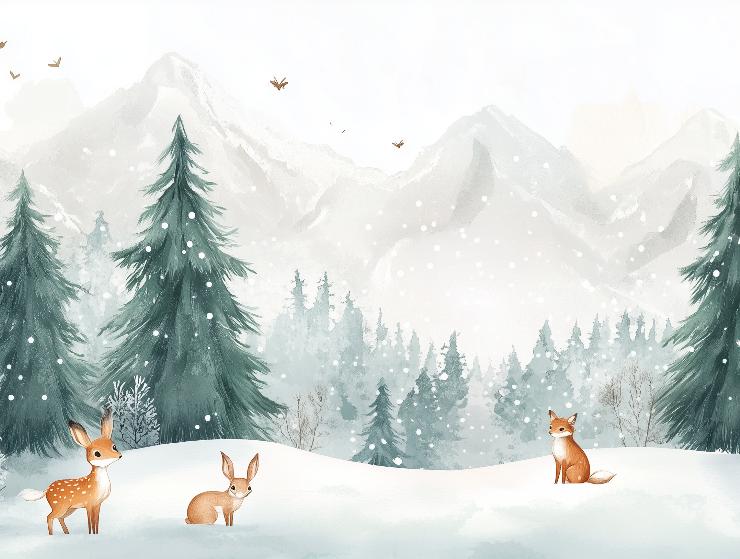 Papier peint enfant animaux forêt enchantée d'hiver