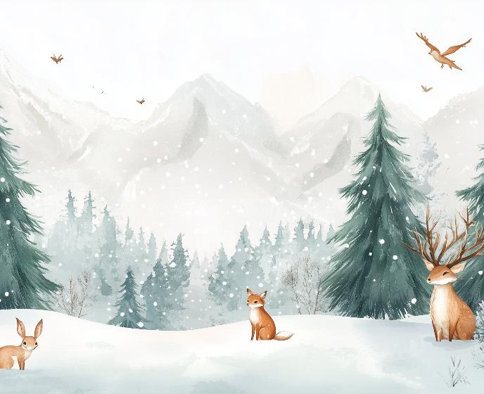 Papier peint enfant animaux forêt enchantée d'hiver