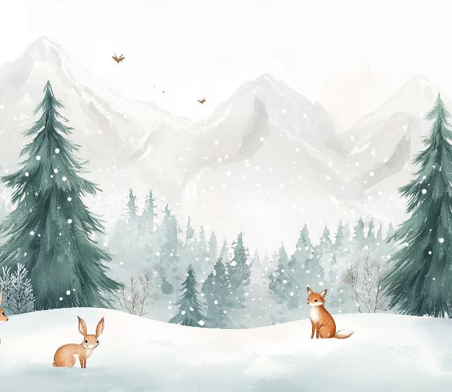 Papier peint enfant animaux forêt enchantée d'hiver