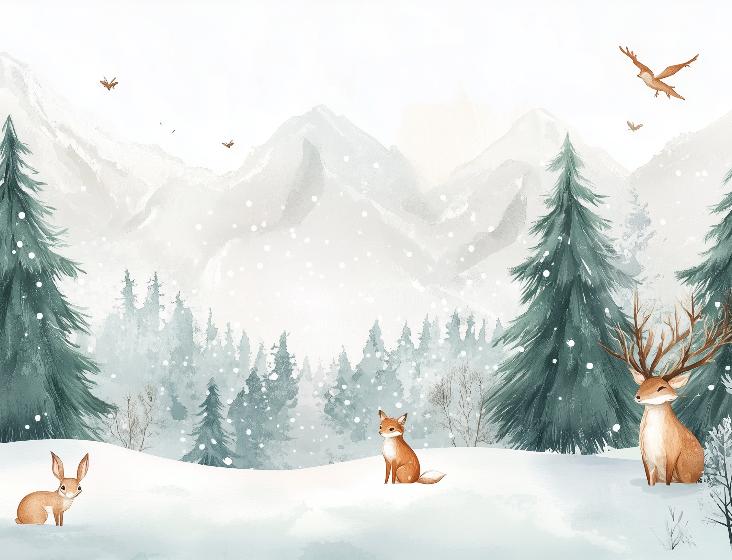 Papier peint enfant animaux forêt enchantée d'hiver
