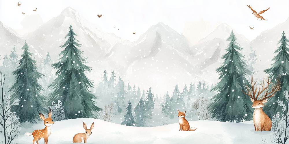 Papier peint enfant animaux forêt enchantée d'hiver