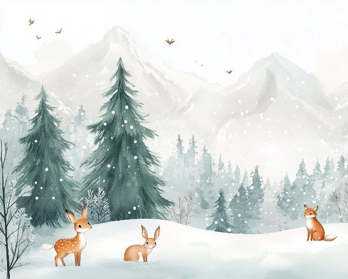 Papier peint enfant animaux forêt enchantée d'hiver