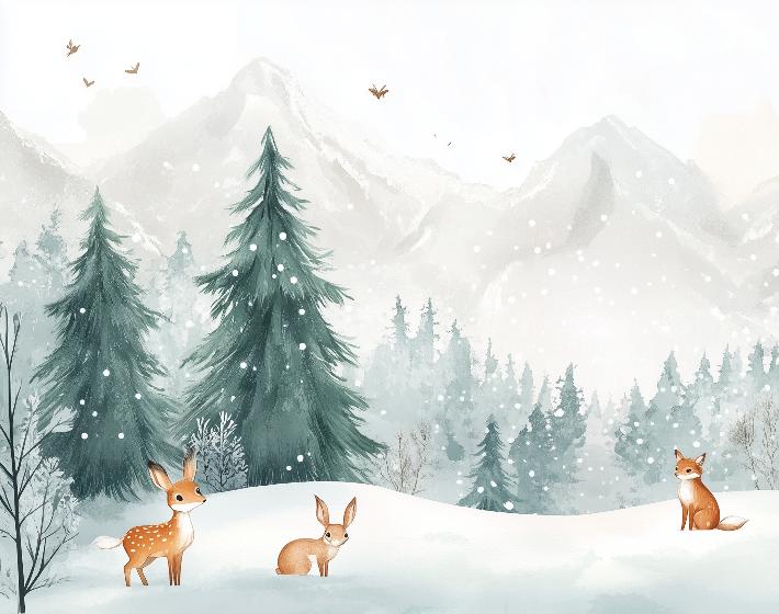 Papier peint enfant animaux forêt enchantée d'hiver