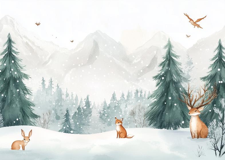 Papier peint enfant animaux forêt enchantée d'hiver