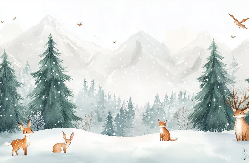 Papier peint enfant animaux forêt enchantée d'hiver