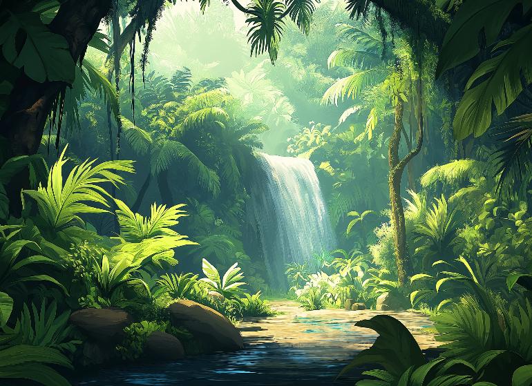 Papier peint jungle cascade et feuillage luxuriant