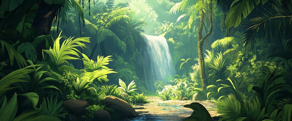 Papier peint jungle cascade et feuillage luxuriant