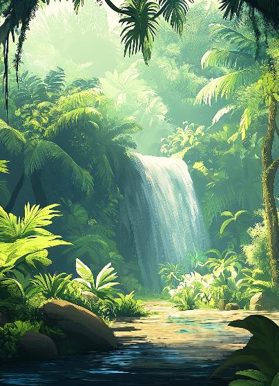 Papier peint jungle cascade et feuillage luxuriant