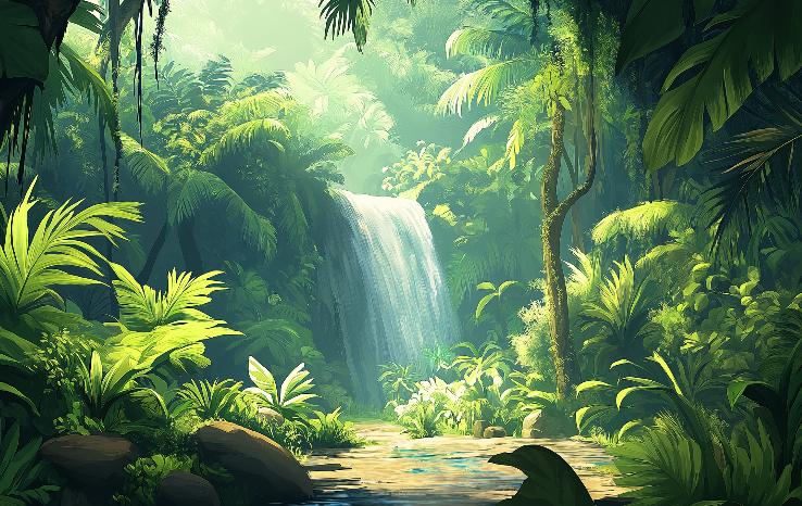 Papier peint jungle cascade et feuillage luxuriant