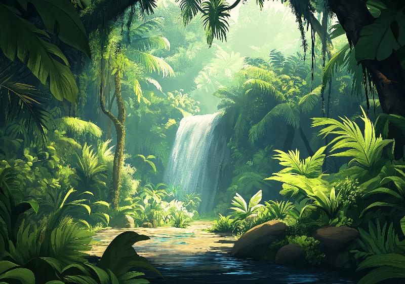 Papier peint jungle cascade et feuillage luxuriant