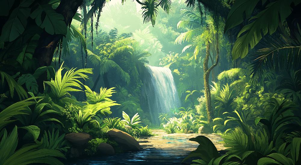Papier peint jungle cascade et feuillage luxuriant