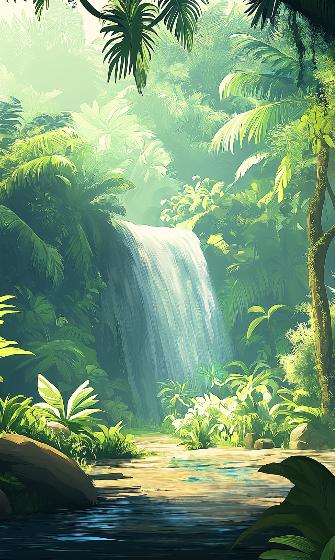 Papier peint jungle cascade et feuillage luxuriant