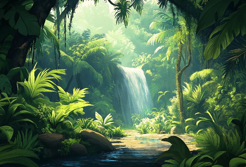 Papier peint jungle cascade et feuillage luxuriant
