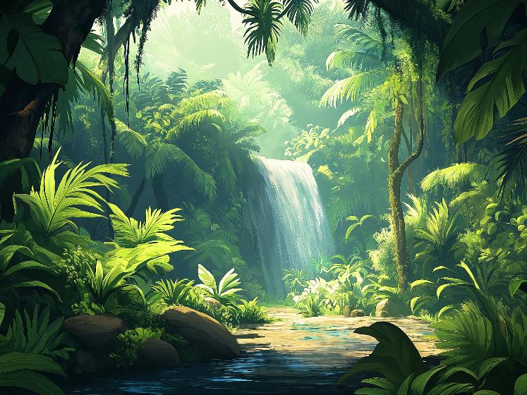 Papier peint jungle cascade et feuillage luxuriant