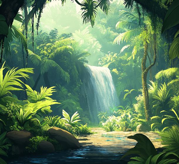 Papier peint jungle cascade et feuillage luxuriant
