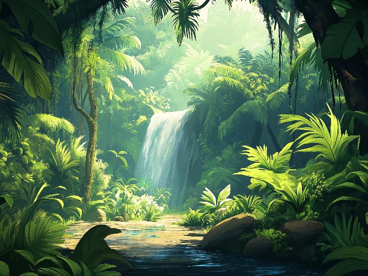 Papier peint jungle cascade et feuillage luxuriant