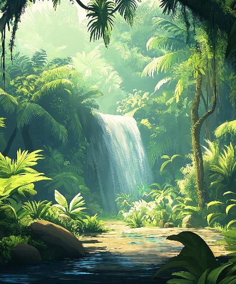 Papier peint jungle cascade et feuillage luxuriant