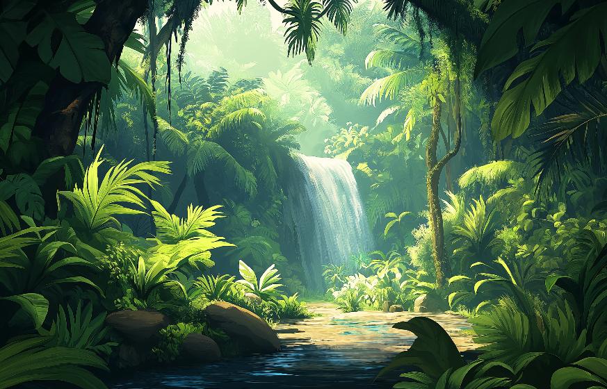 Papier peint jungle cascade et feuillage luxuriant
