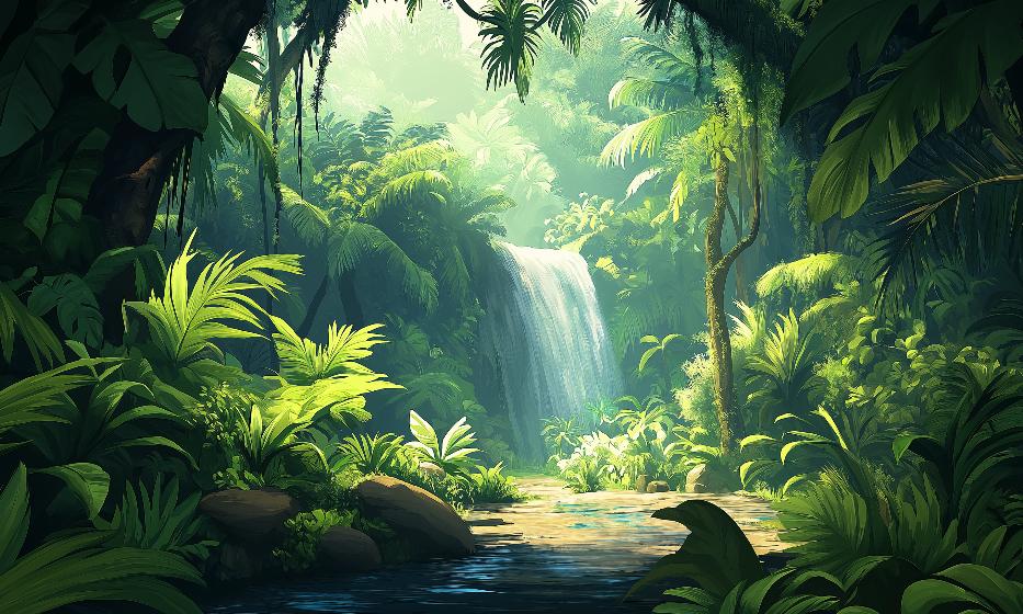 Papier peint jungle cascade et feuillage luxuriant