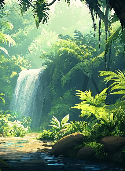 Papier peint jungle cascade et feuillage luxuriant