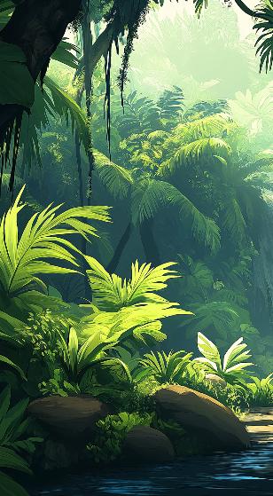 Papier peint jungle cascade et feuillage luxuriant
