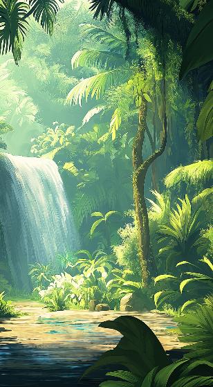 Papier peint jungle cascade et feuillage luxuriant