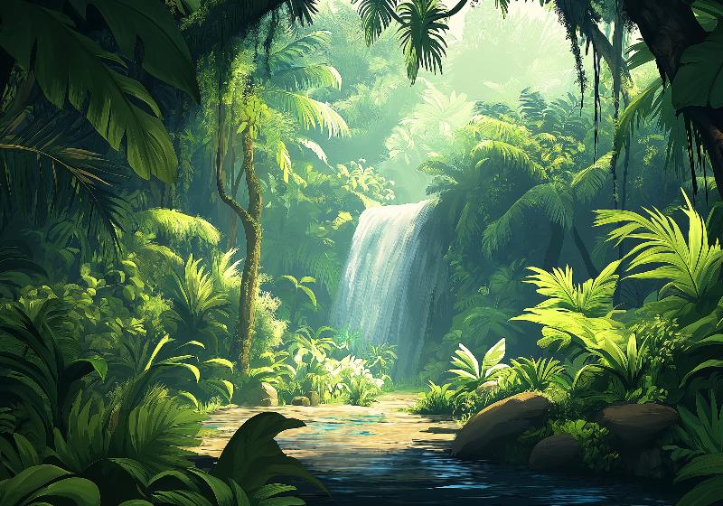 Papier peint jungle cascade et feuillage luxuriant