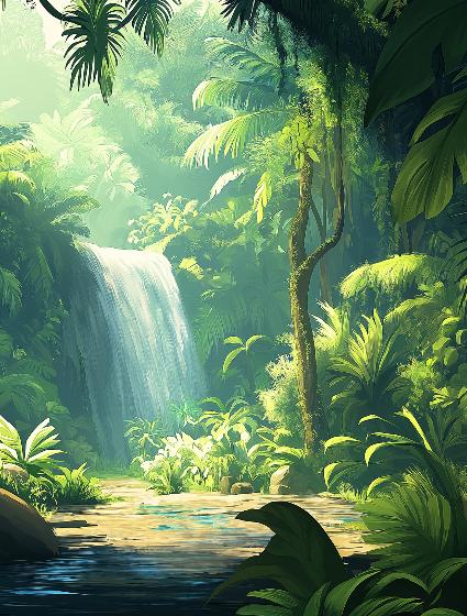 Papier peint jungle cascade et feuillage luxuriant