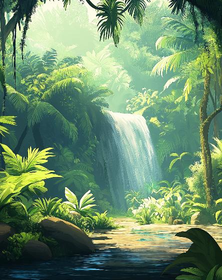 Papier peint jungle cascade et feuillage luxuriant