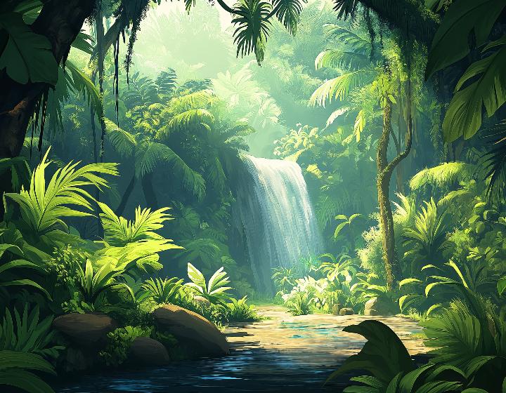 Papier peint jungle cascade et feuillage luxuriant