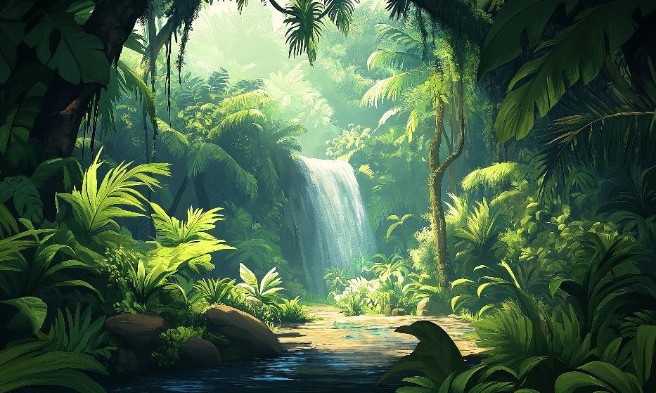 Papier peint jungle cascade et feuillage luxuriant