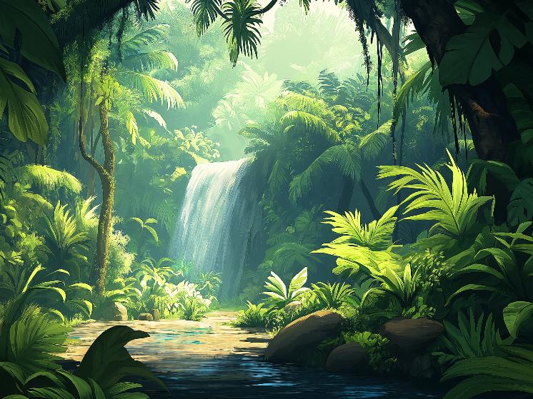 Papier peint jungle cascade et feuillage luxuriant