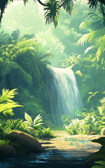 Papier peint jungle cascade et feuillage luxuriant
