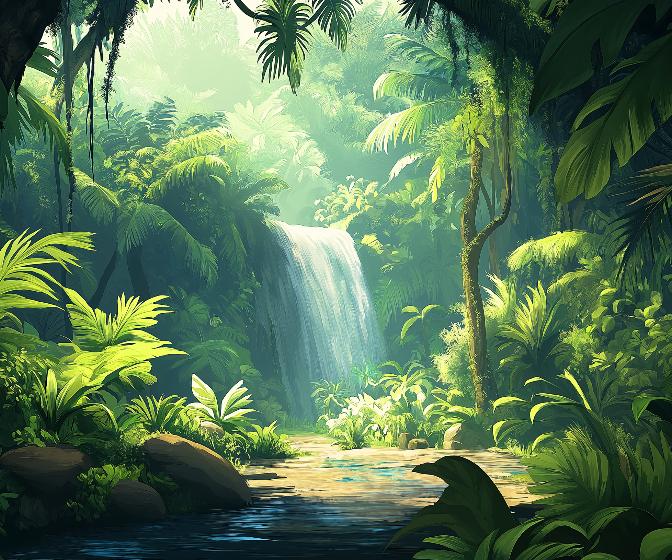 Papier peint jungle cascade et feuillage luxuriant