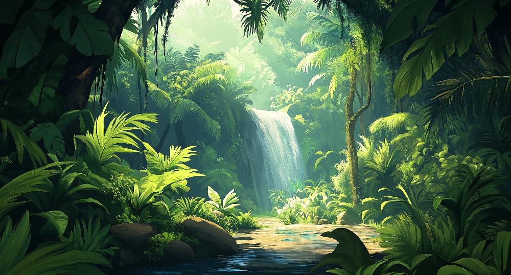 Papier peint jungle cascade et feuillage luxuriant