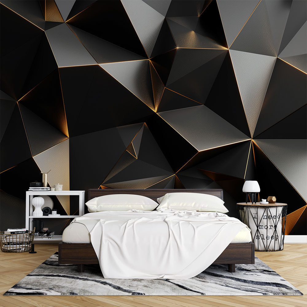 Papier peint trompe-l'œil 3D triangles noir et doré
