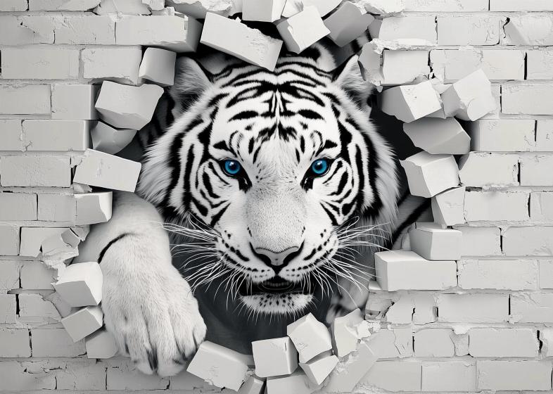 Papier peint tigre 3D sur mur de briques
