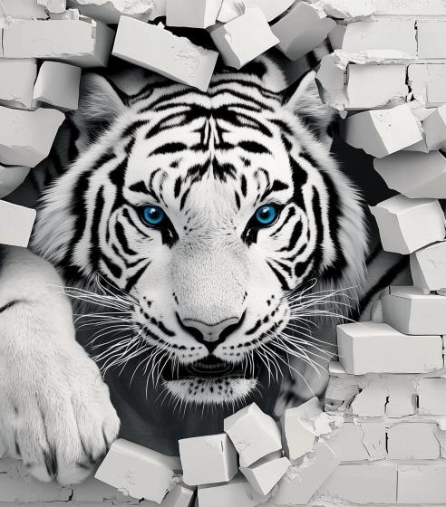 Papier peint tigre 3D sur mur de briques