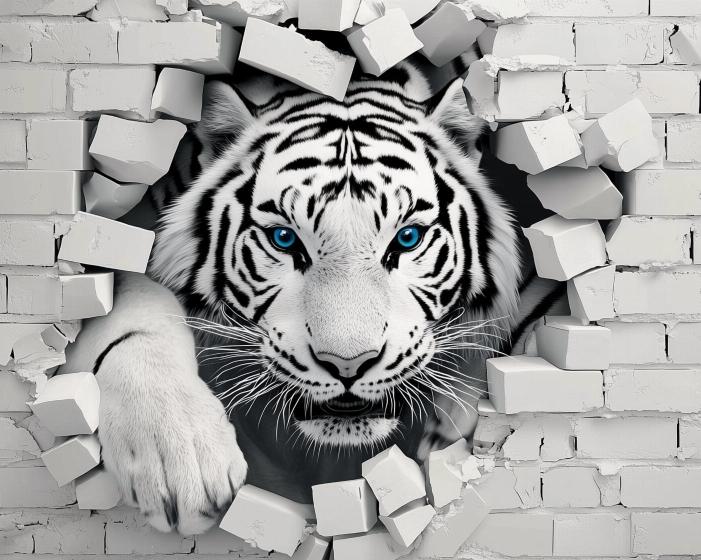 Papier peint tigre 3D sur mur de briques
