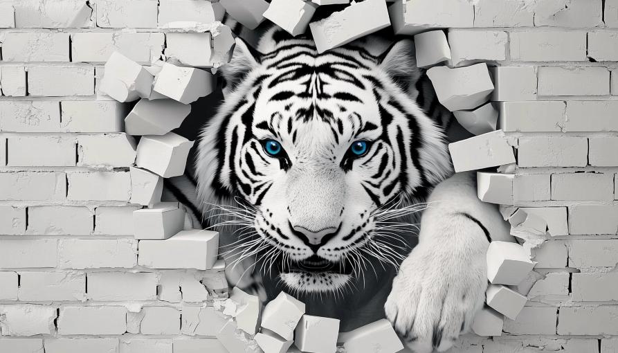 Papier peint tigre 3D sur mur de briques