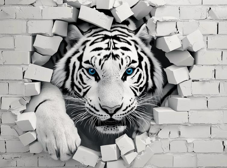 Papier peint tigre 3D sur mur de briques