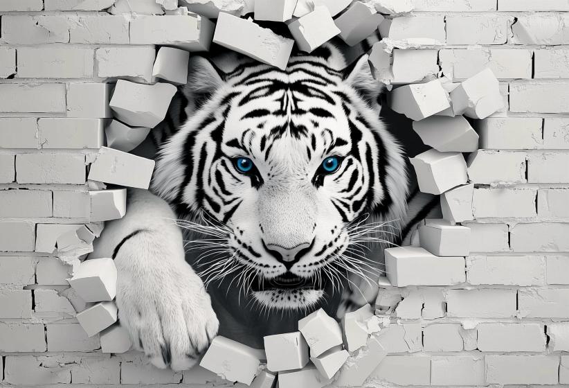 Papier peint tigre 3D sur mur de briques