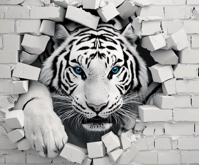 Papier peint tigre 3D sur mur de briques