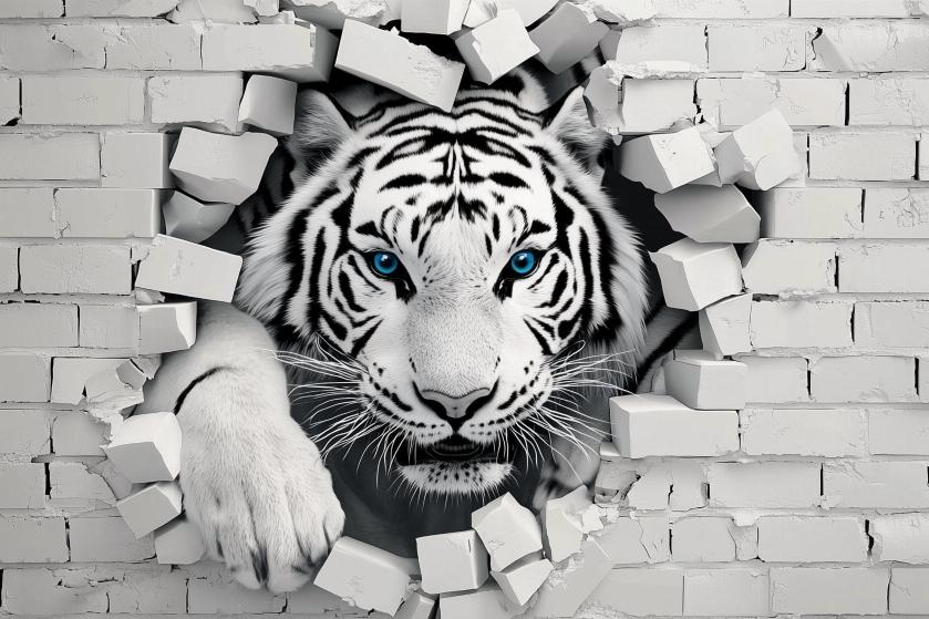 Papier peint tigre 3D sur mur de briques