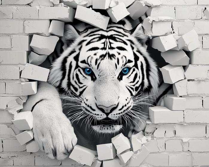 Papier peint tigre 3D sur mur de briques